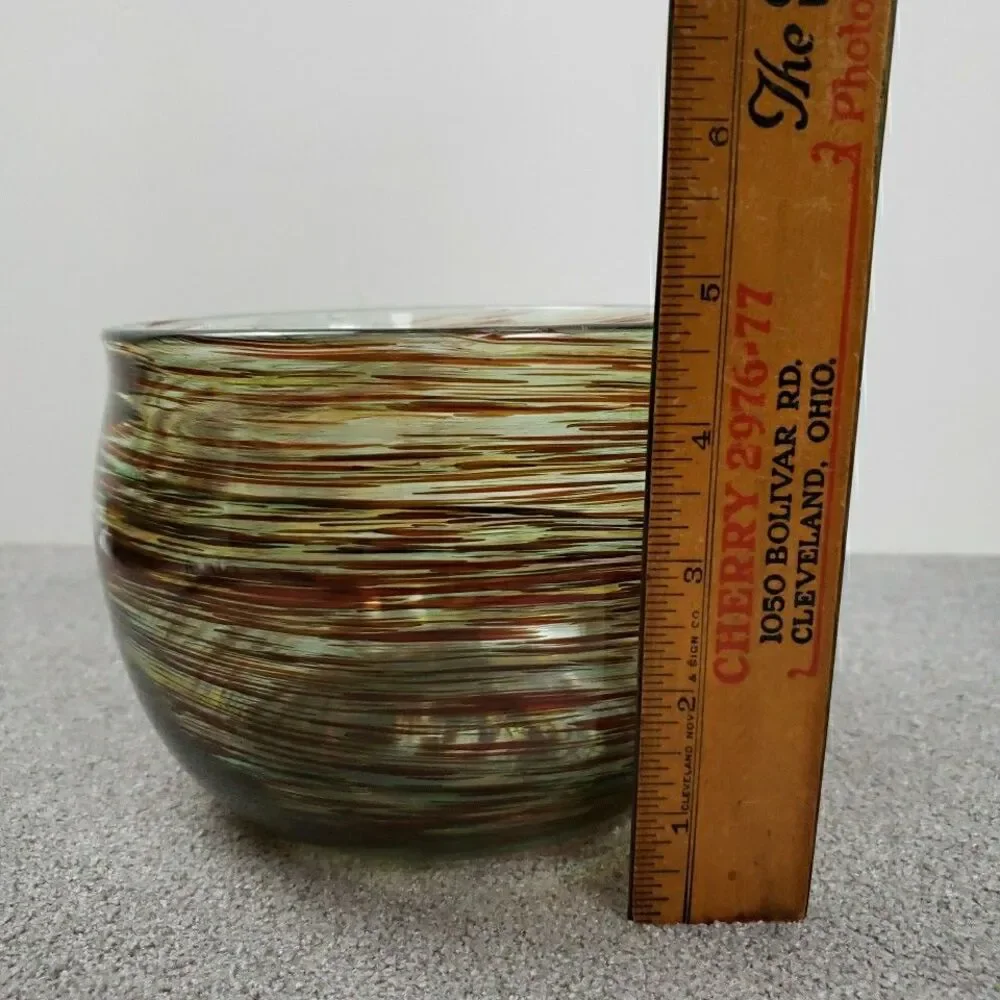David Kolasky Signed Studio Blown Art Glass Vase Brown & Multi Swirls Bowl